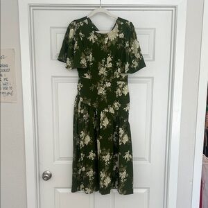 Floral V-Neck Midi Dress in Olive Green